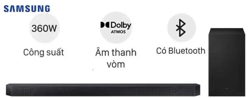  Hình sản phẩm Thông số kỹ thuật Mô tả sản phẩm 4.5 Đánh giá sản phẩm Tính năng nổi bật: Tổng công suất hoạt động 360W, chuẩn 3.1.2 kênh Kết nối Bluetooth, Wifi với tivi và các thiết bị di động Công nghệ âm thanh Dolby Atmos/DTS:X. Điều khiển từ xa qua One Remote Control. Kết nối có dây như: HDMI eARC, HDMI, Optical,... Độc quyền tại Siêu Thị Điện Máy - Nội Thất Chợ Lớn Hàng chính hãng 100% Hoàn chênh lệch nếu siêu thị khác rẻ hơn.(Chính sách) Bảo hành chính hãng 1 năm (Chính sách) Giao hàng miễn phí tận nơi (Xem chi tiết) Loa Thanh Samsung HW-Q600C/XV