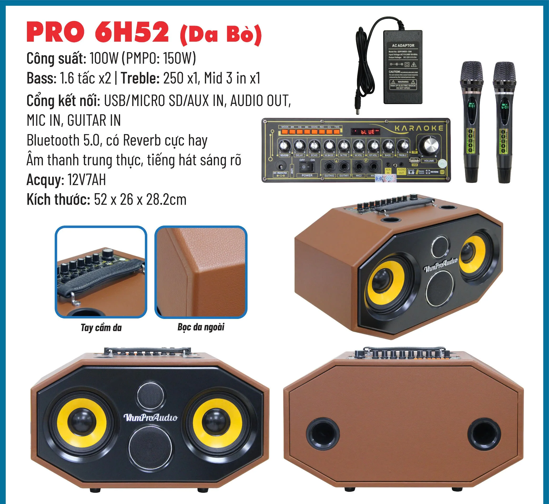 Loa karaoke xách tay Pro 6H52 |100W| Bass 1.6cm*2 | Đỏ/Nâu 7 Loa karaoke xách tay Pro 6H52