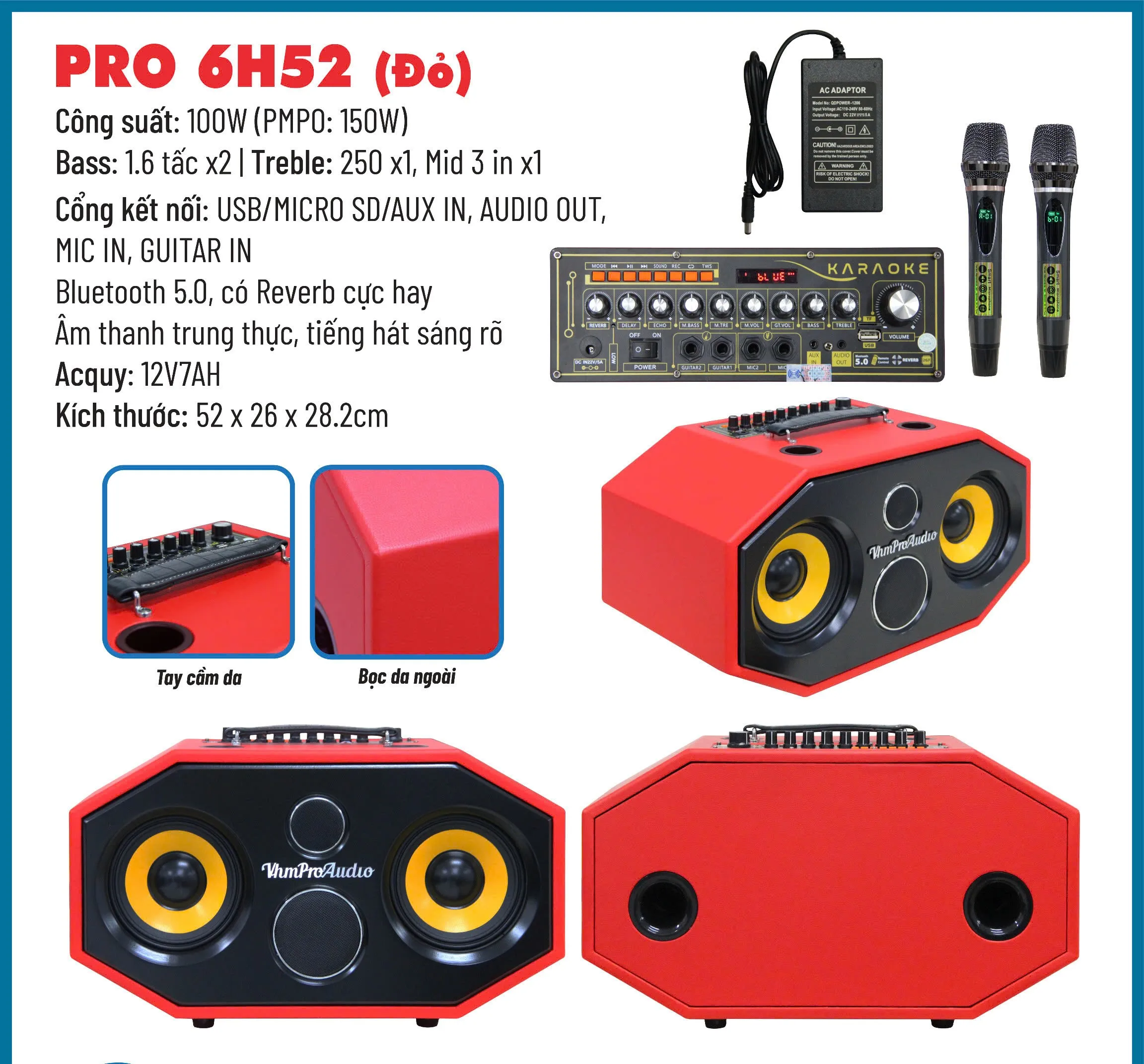 Loa karaoke xách tay Pro 6H52 |100W| Bass 1.6cm*2 | Đỏ/Nâu 8 Loa karaoke xách tay Pro 6H52