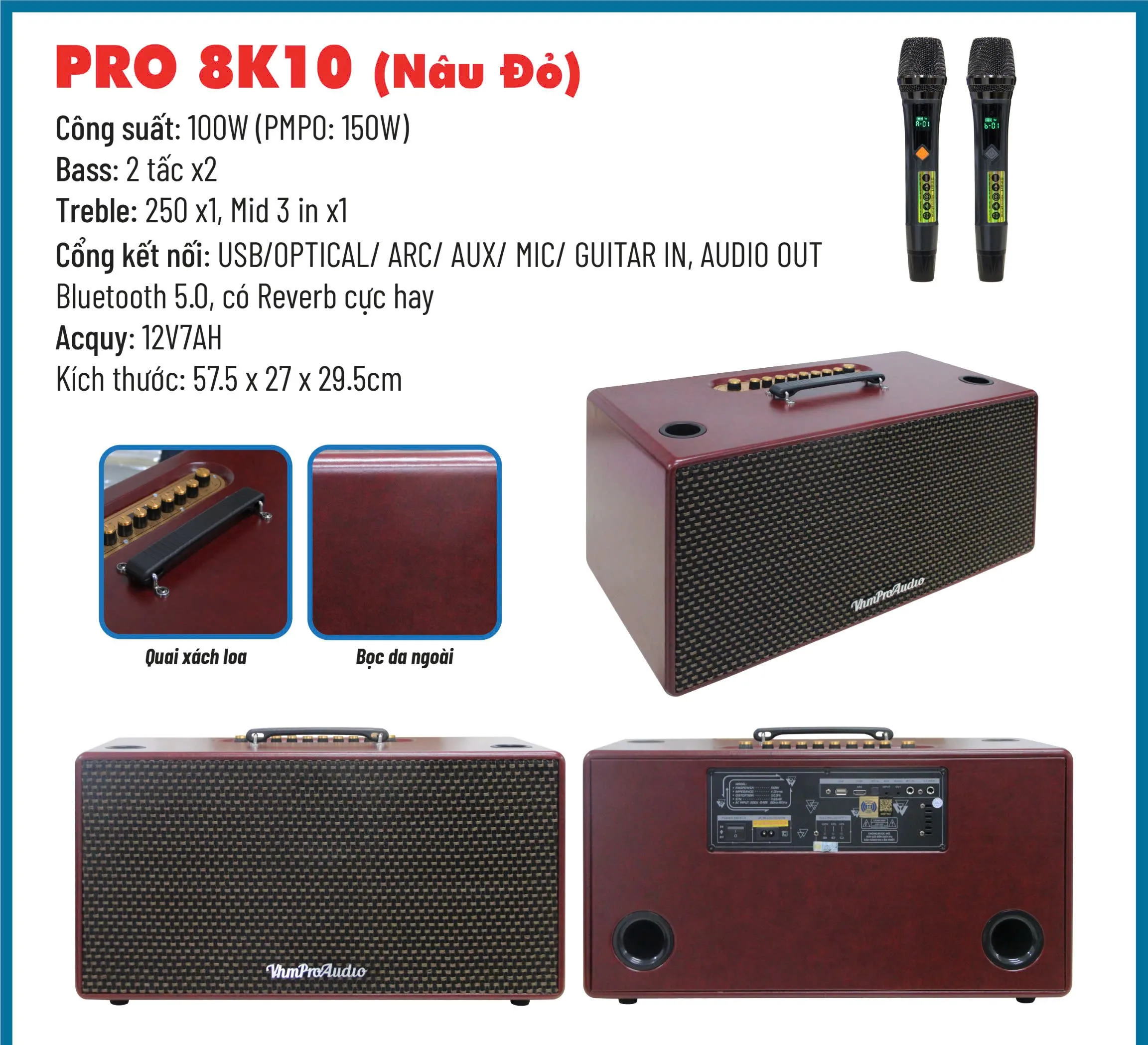 Thông số kỹ thuật Loa karaoke xách tay Pro 8K10 màu nâu đỏ