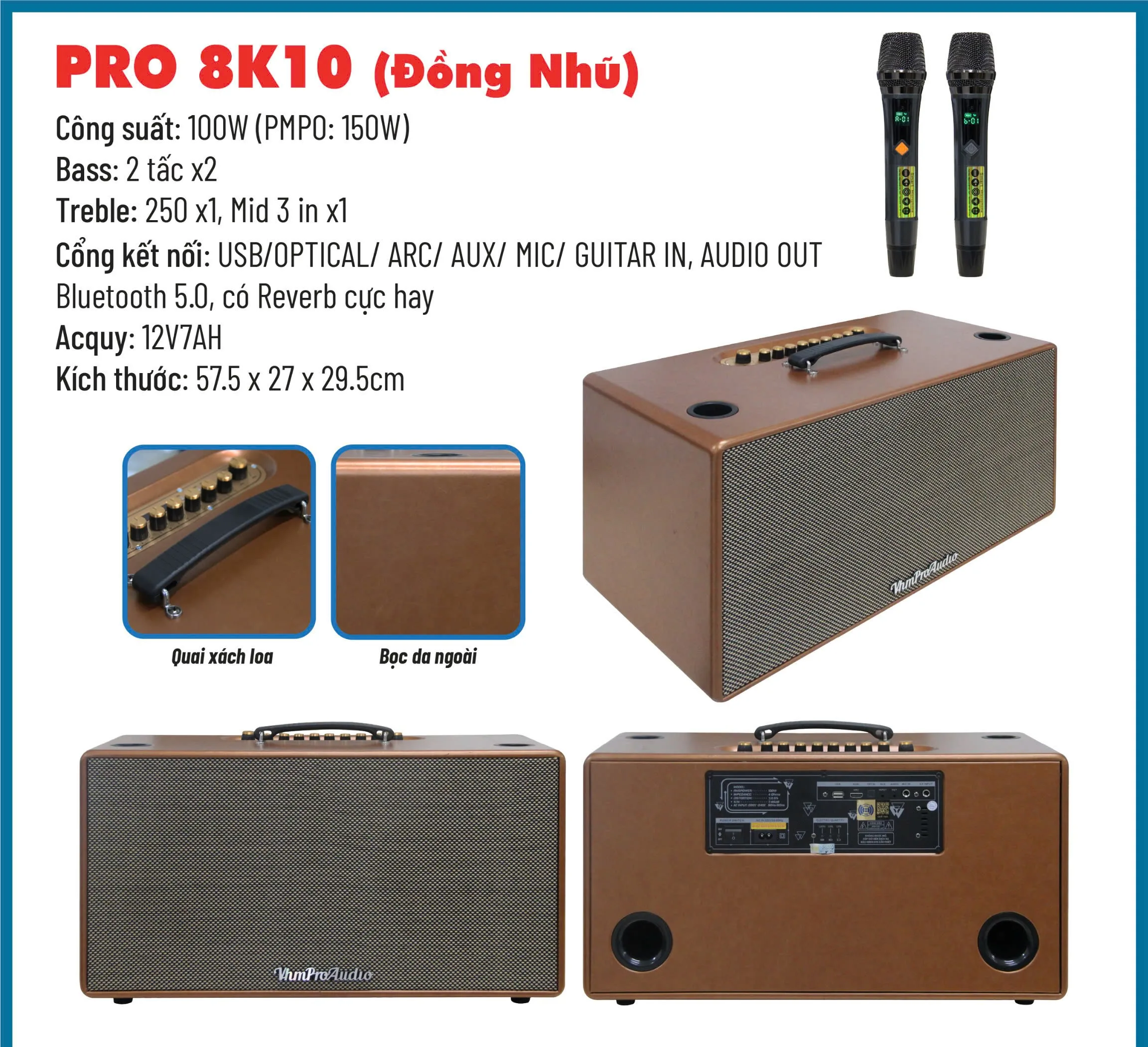 Thông số kỹ thuật Loa karaoke xách tay Pro 8K10 màu đồng nho