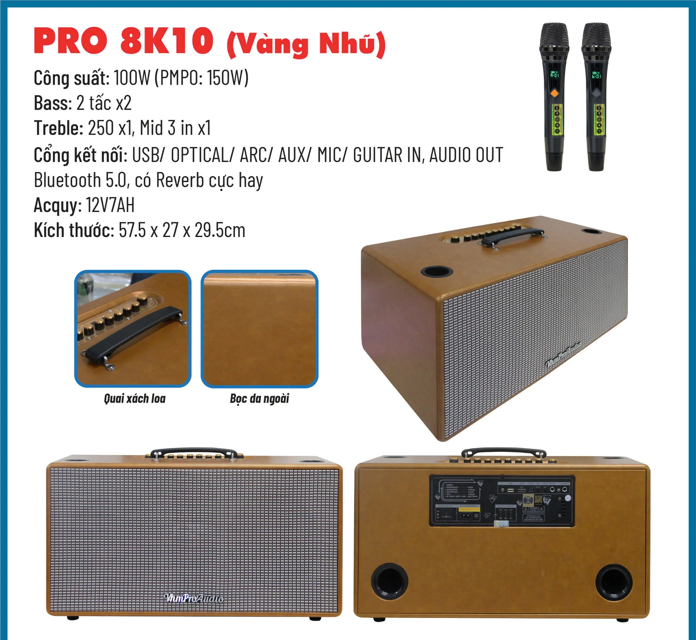 Thông số kỹ thuật Loa karaoke xách tay Pro 8K10 màu vang nho