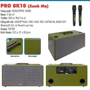 Thông số kỹ thuật Loa karaoke xách tay Pro 8K10 màu xanh mạ