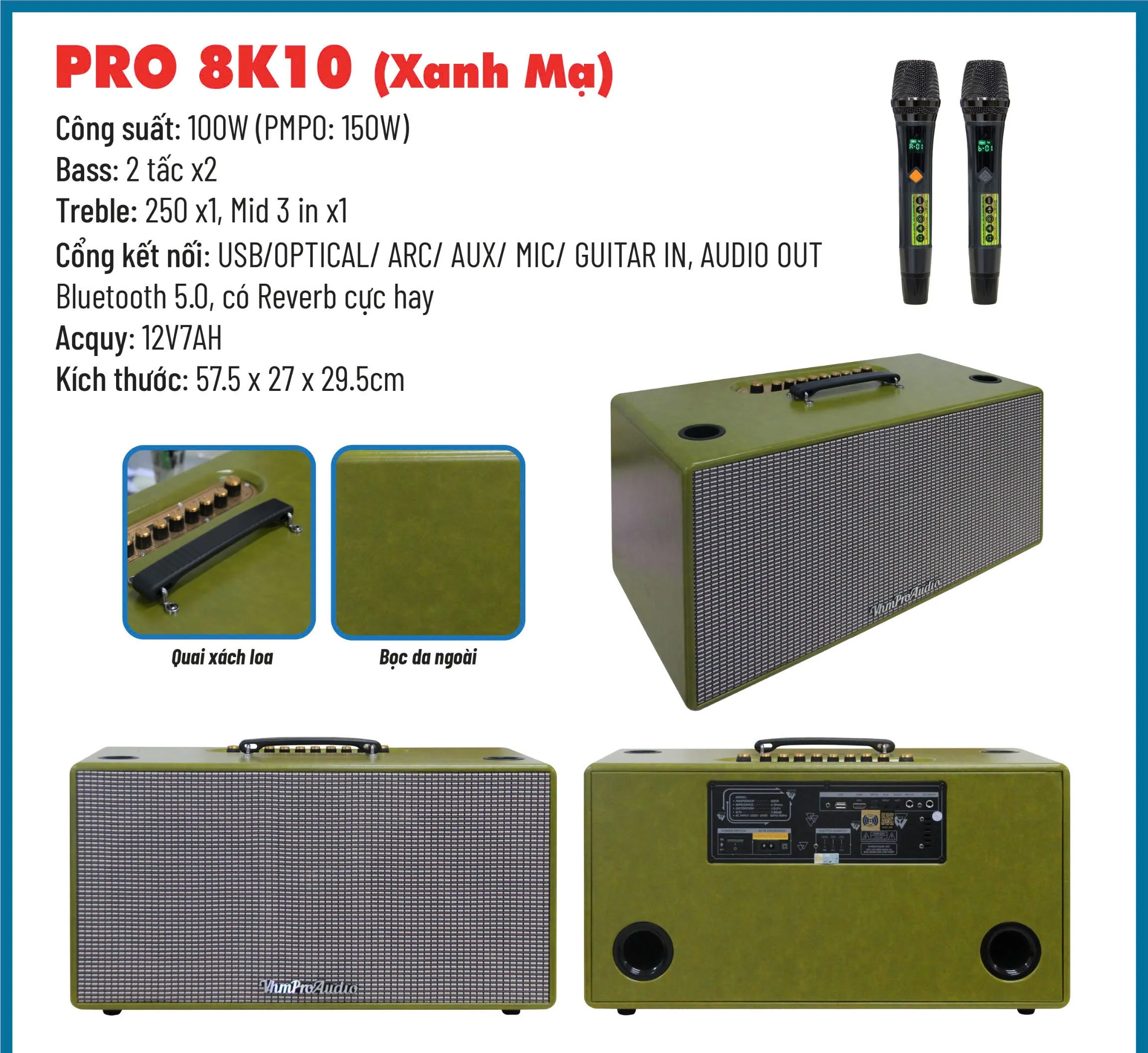 Thông số kỹ thuật Loa karaoke xách tay Pro 8K10 màu xanh mạ