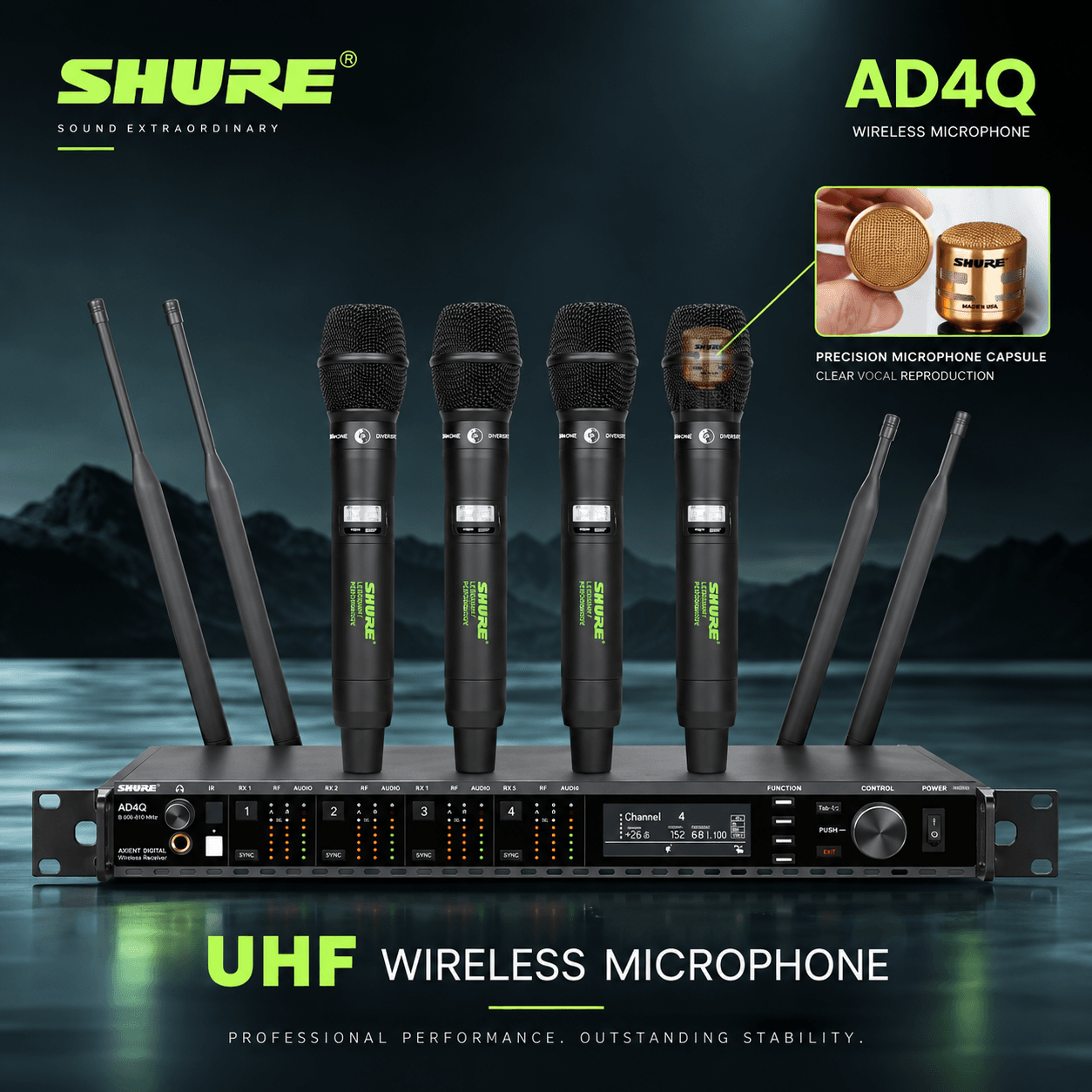 Micro Không Dây Shure AD4Q 4 Kênh | 4 Mic | Sóng xa | Chuẩn sự kiện 22 micro sự kiện Shure AD4Q 4 kênh, sóng mạnh mẽ, ổn định sóng, chống hú