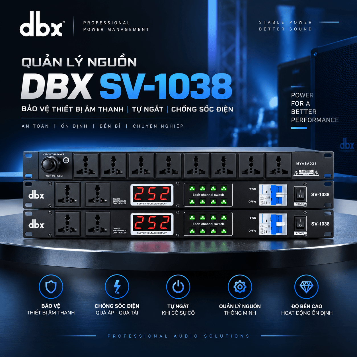 Bộ Quản Lý Nguồn DBX SV-1038 chính hãng | Automat Tự Ngắt, Chống Chập, Bảo Vệ Dàn Âm Thanh. 10 Quản Lý Nguồn DBX SV-1038