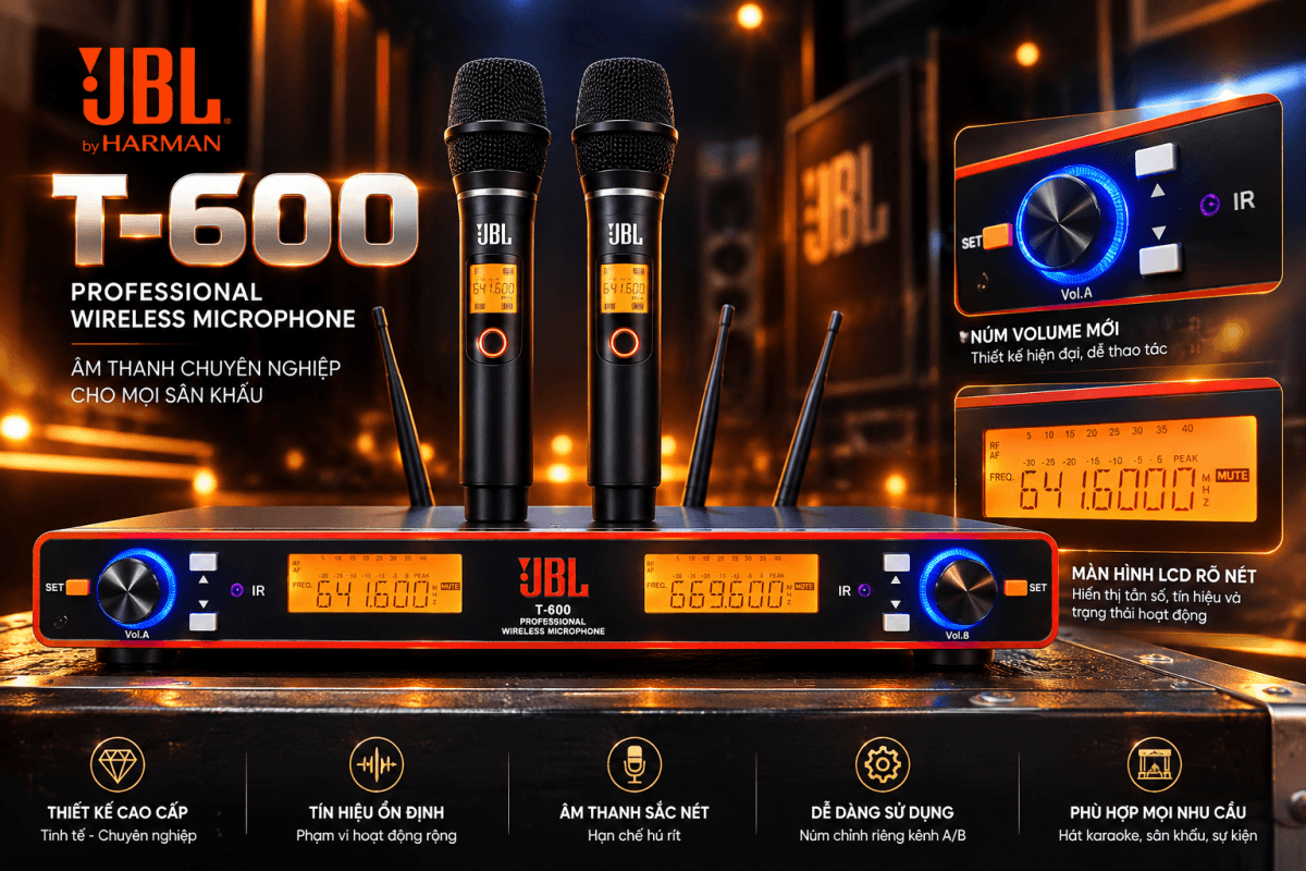 Micro không dây cao cấp JBL T 600 chính hãng dành cho karaoke gia đình, KTV và sự kiện