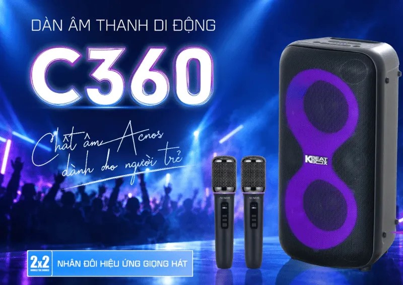 Loa Acnos C360 công suất 100W RMS, DOUBLE THE DOUBLE 2x2, chống hú di tần, livestream Stereo OTG, Bluetooth 5.0