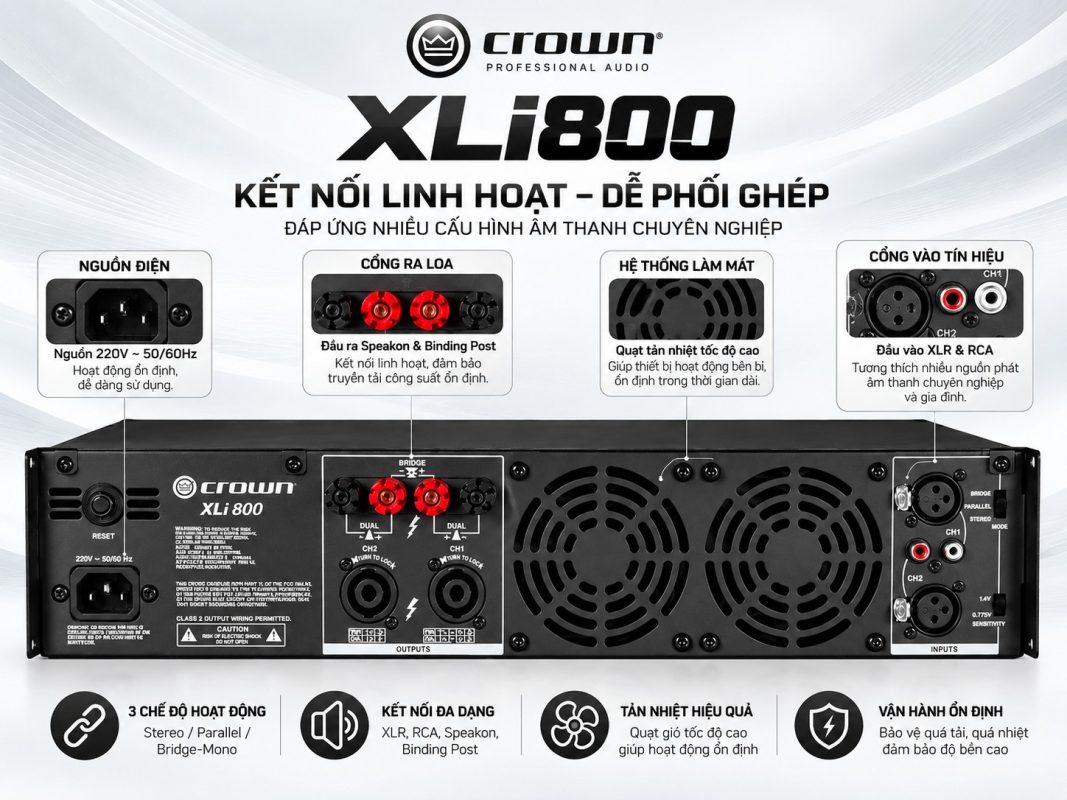 Cục Đẩy Công Suất Crown XLi800 | 2*300W/Kênh | Class AB 15 Cục đẩy công suất Crown XLi800