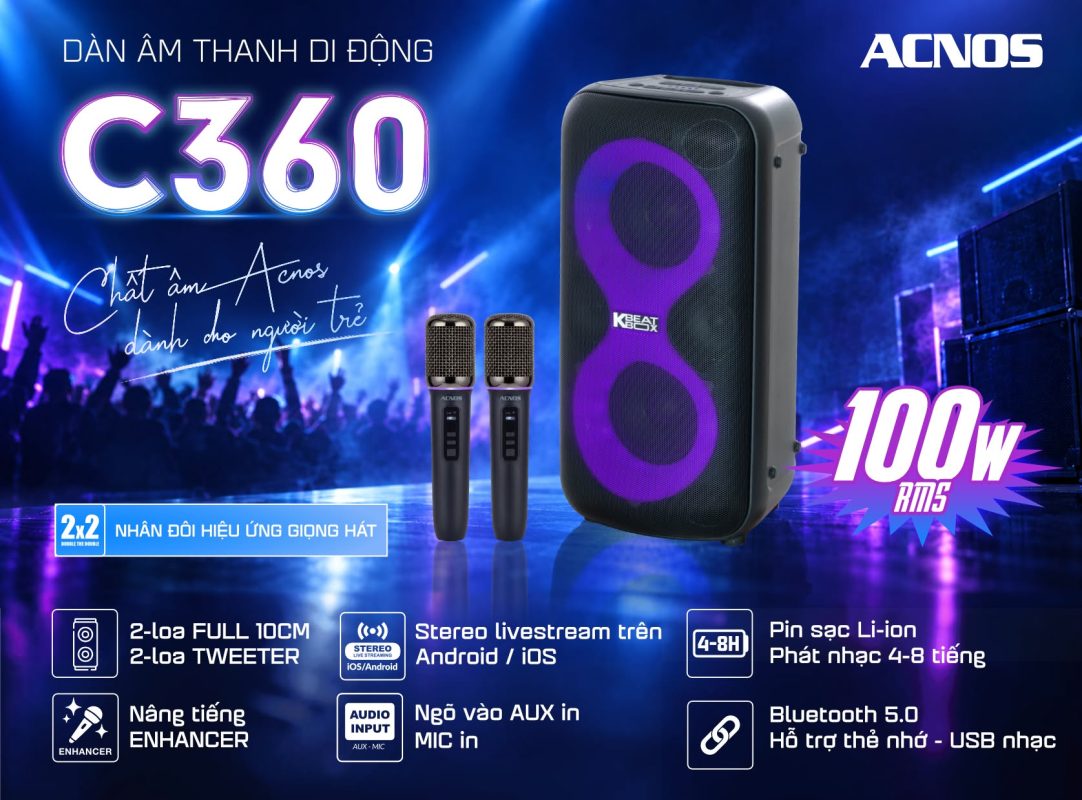 Loa Acnos C360 công suất 100W RMS, DOUBLE THE DOUBLE 2x2, chống hú di tần, livestream Stereo OTG, Bluetooth 5.0